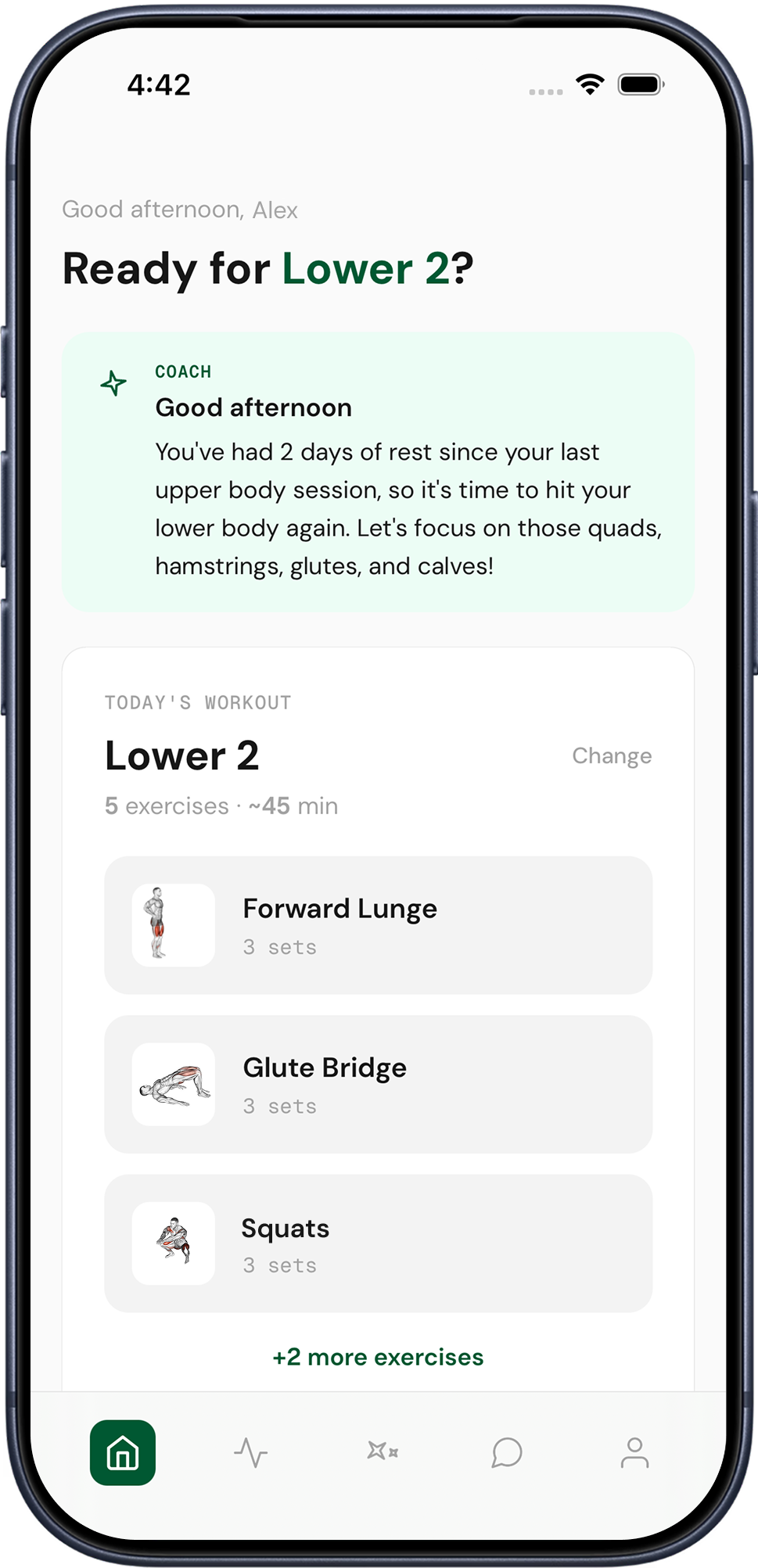 Woody full home screen showing lower body workout and coach guidance