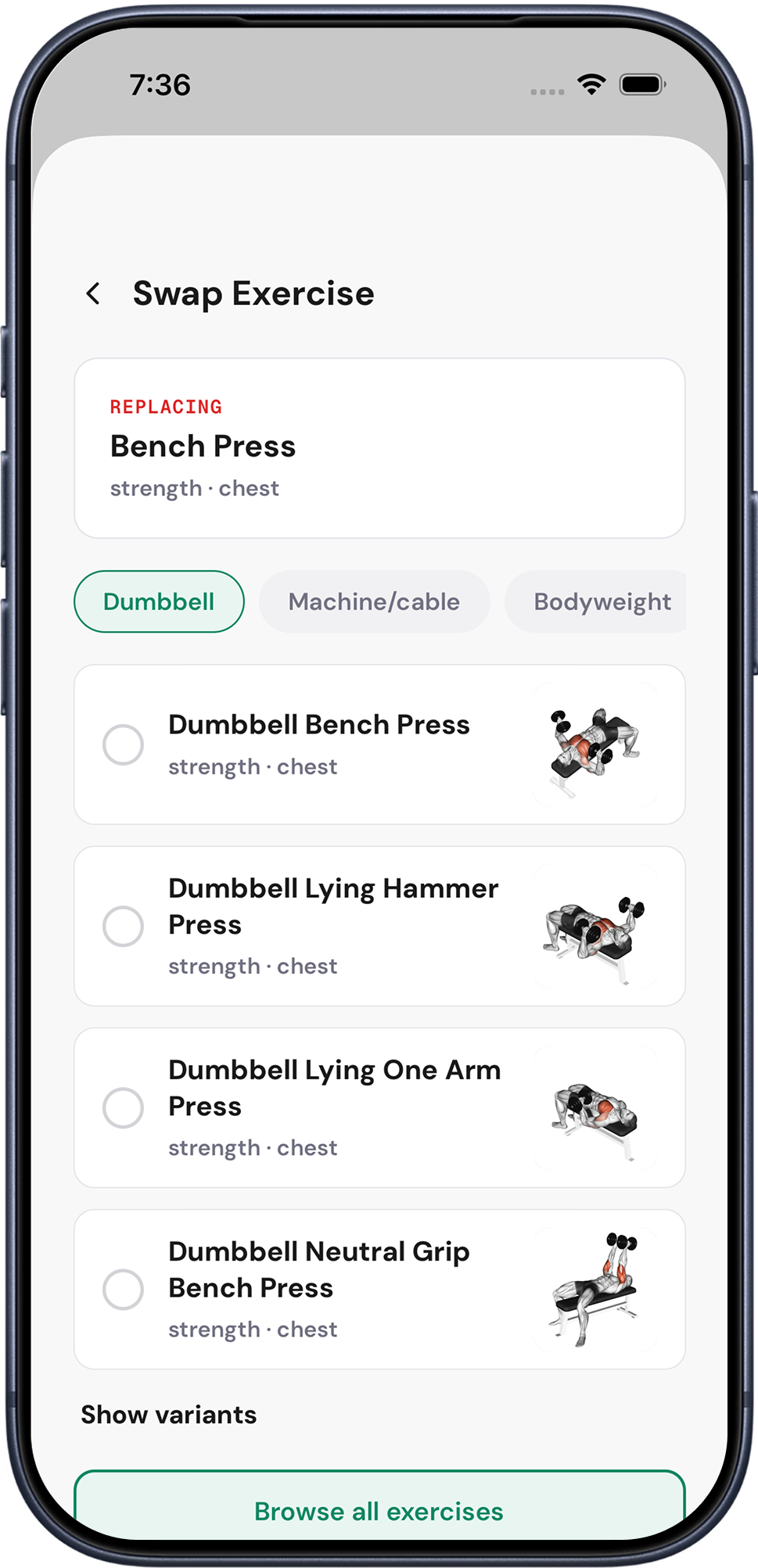 Woody swap exercise screen showing dumbbell alternatives for bench press