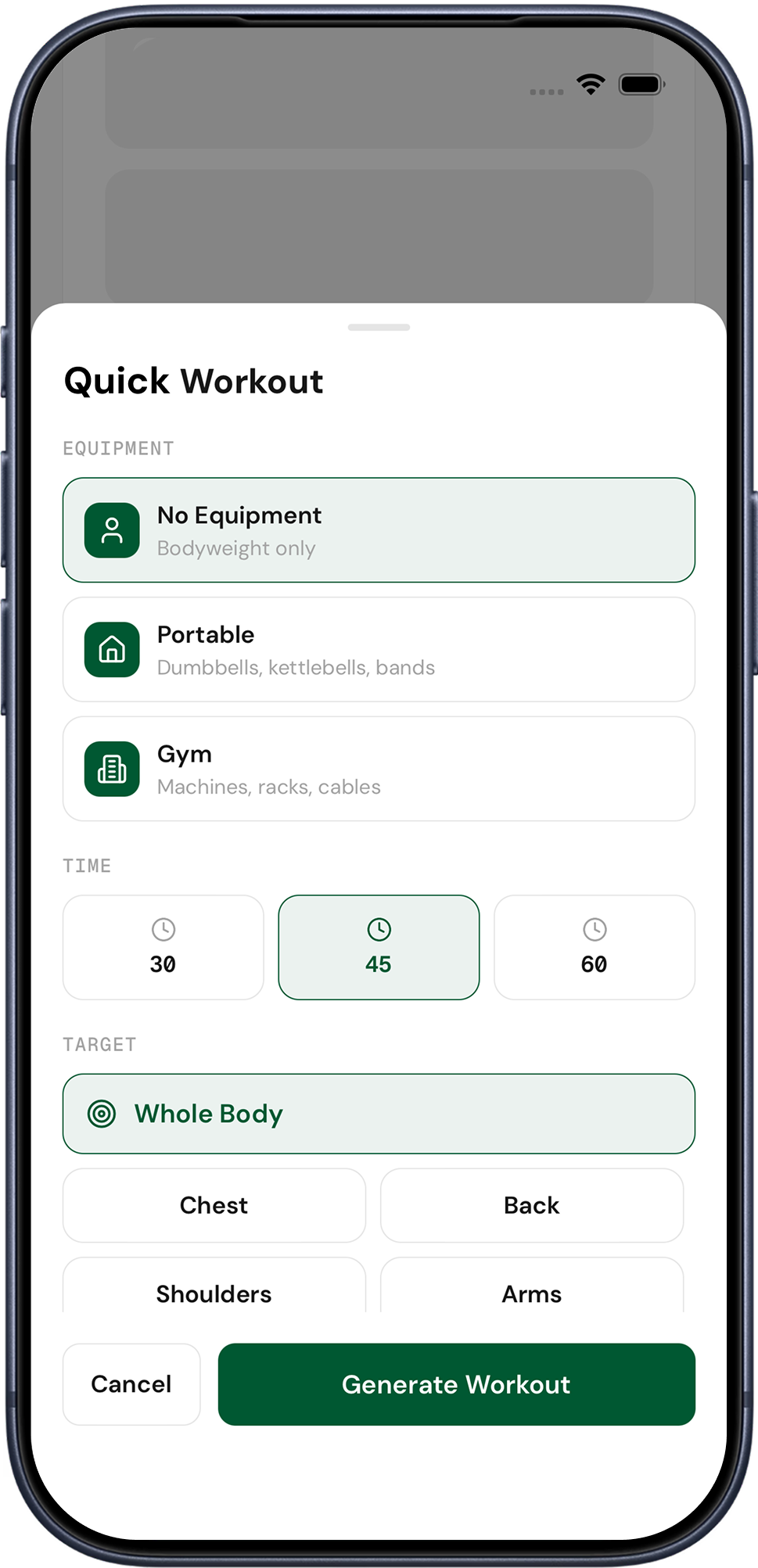 Woody quick workout setup screen with equipment, time, and target controls