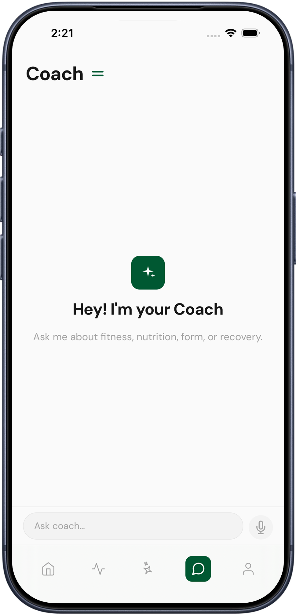 Woody coach screen with chat input and voice button