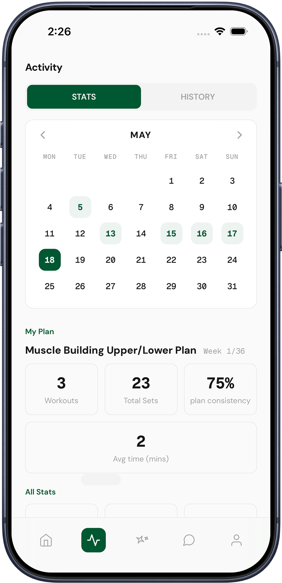 Woody history screen showing activity calendar and plan consistency stats