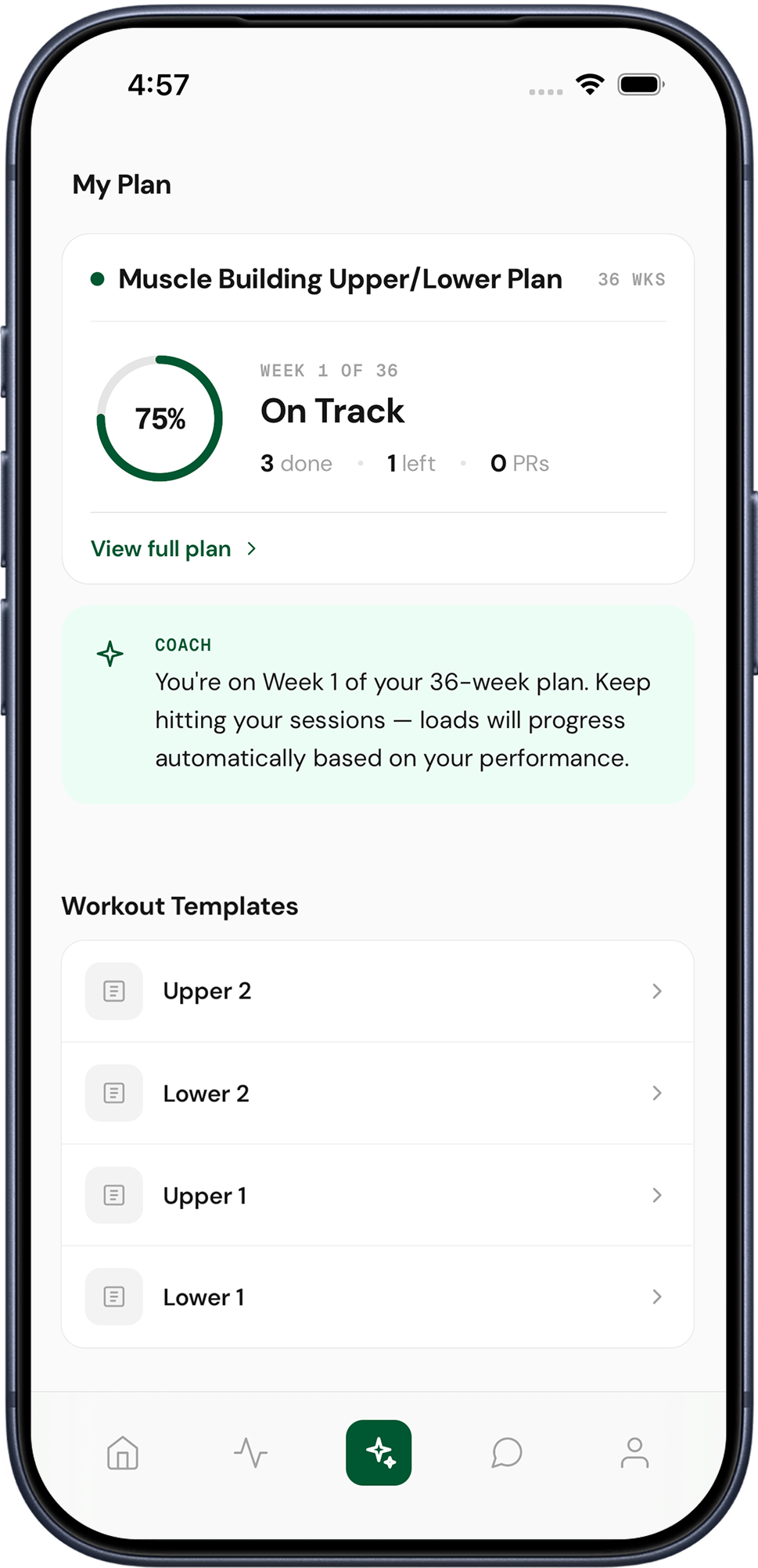 Woody plan screen showing workout templates and weekly progress