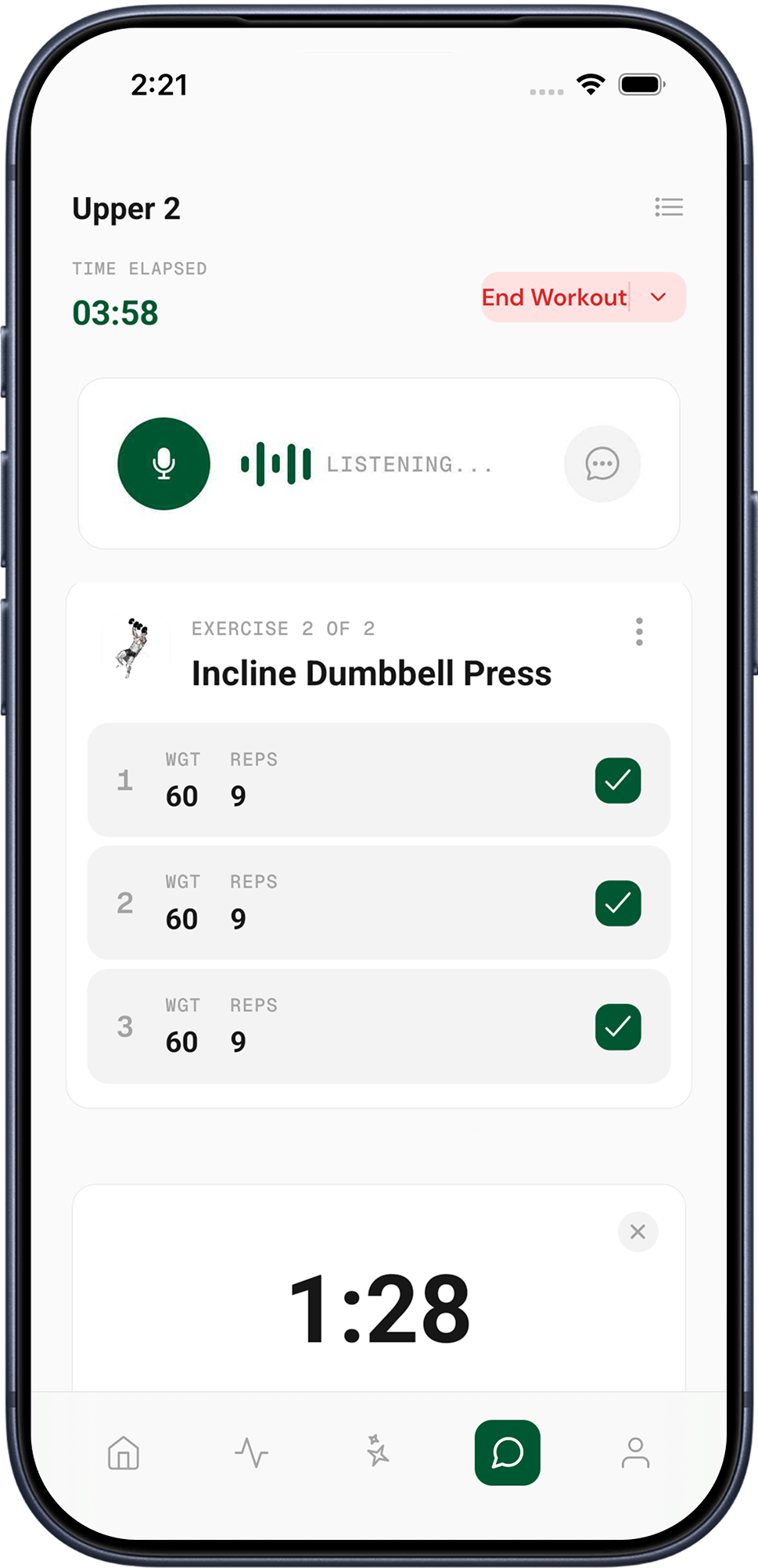 Woody active workout screen listening for voice input during a set